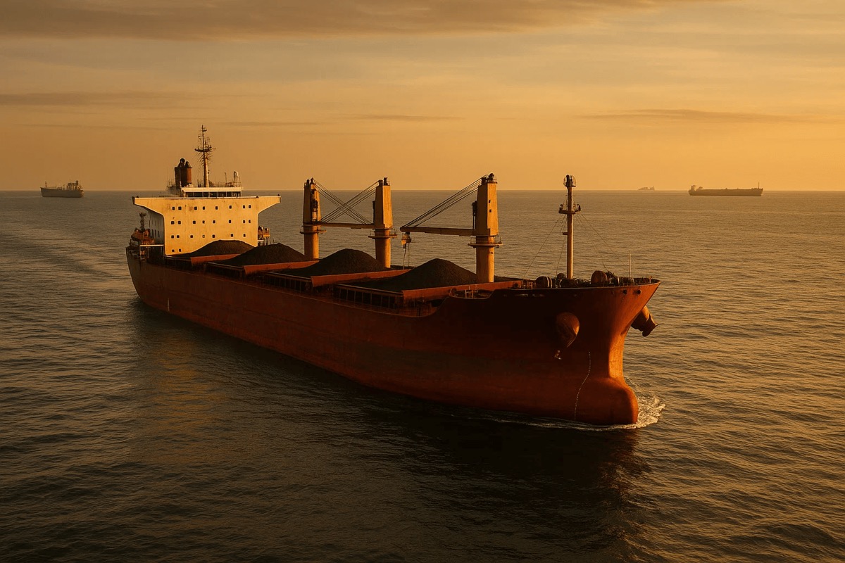 Dry bulk cargo being loaded into a bulk carrier vessel